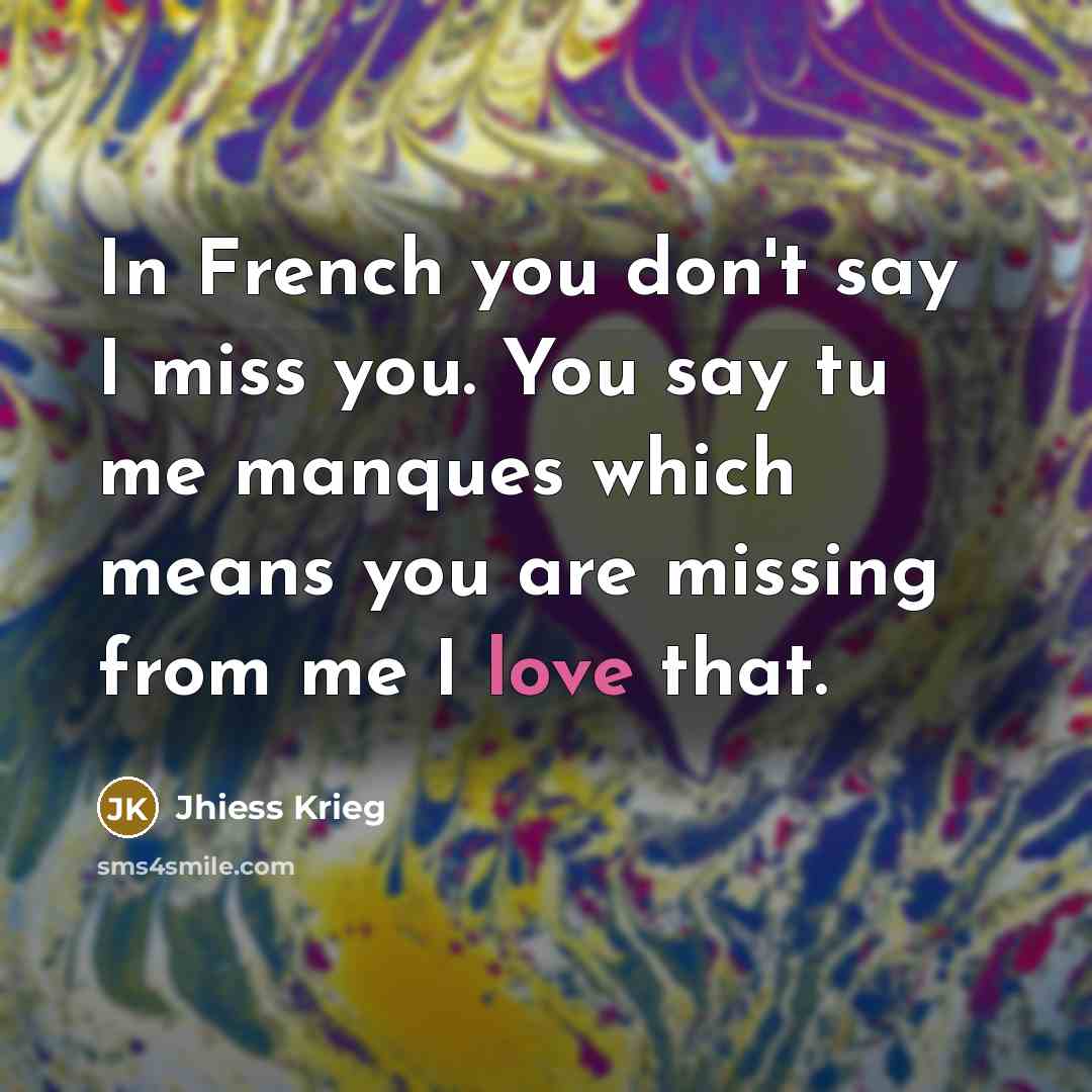 “In French you don't say I miss you. You say tu me manques which means you are missing from me I love that.” quote by Jhiess Krieg