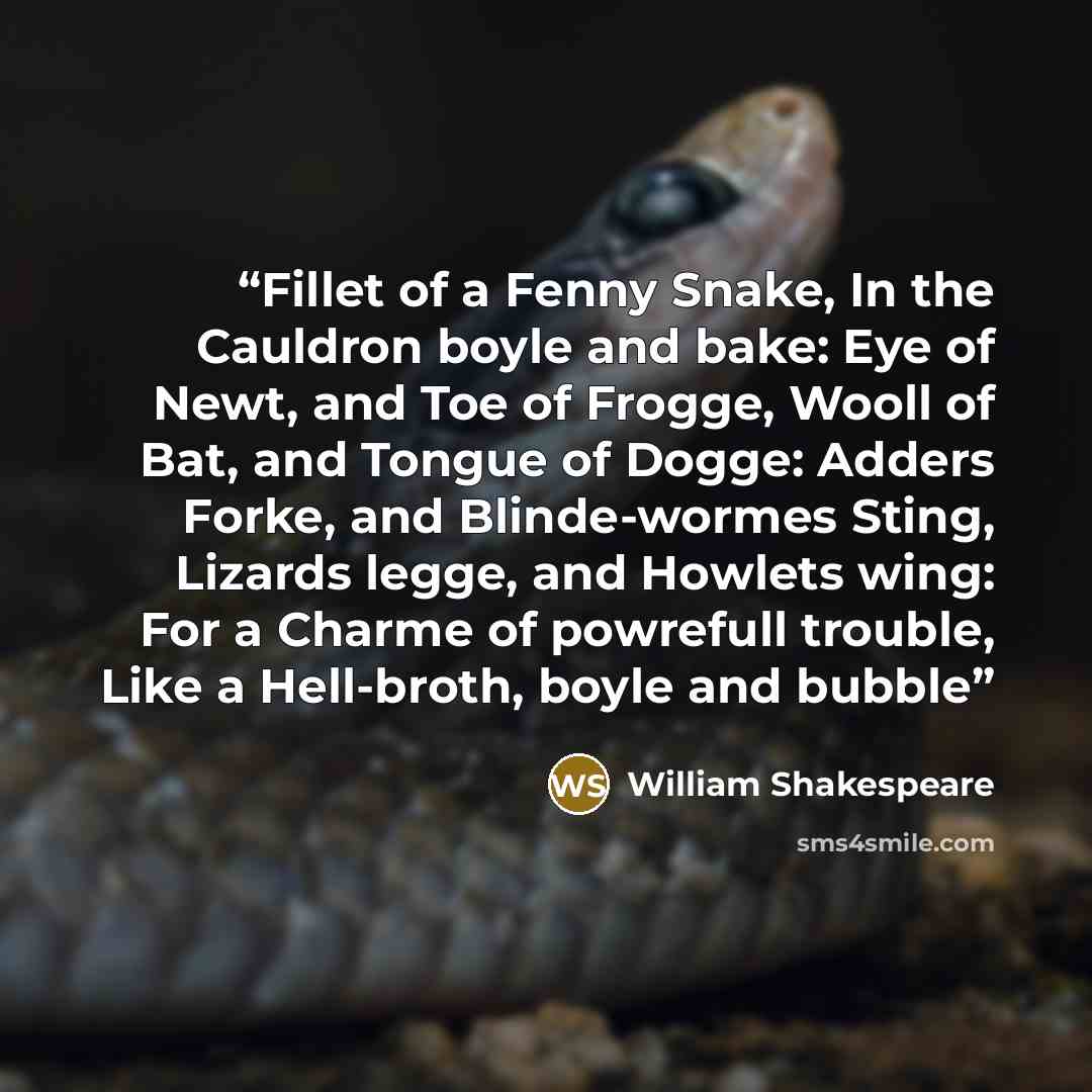 “Fillet of a Fenny Snake, In the Cauldron boyle and bake: Eye of Newt, and Toe of Frogge, Wooll of Bat, and Tongue of Dogge: Adders Forke, and Blinde-wormes Sting, Lizards legge, and Howlets wing: For a Charme of powrefull trouble, Like a Hell-broth, boyle and bubble” quote by William Shakespeare