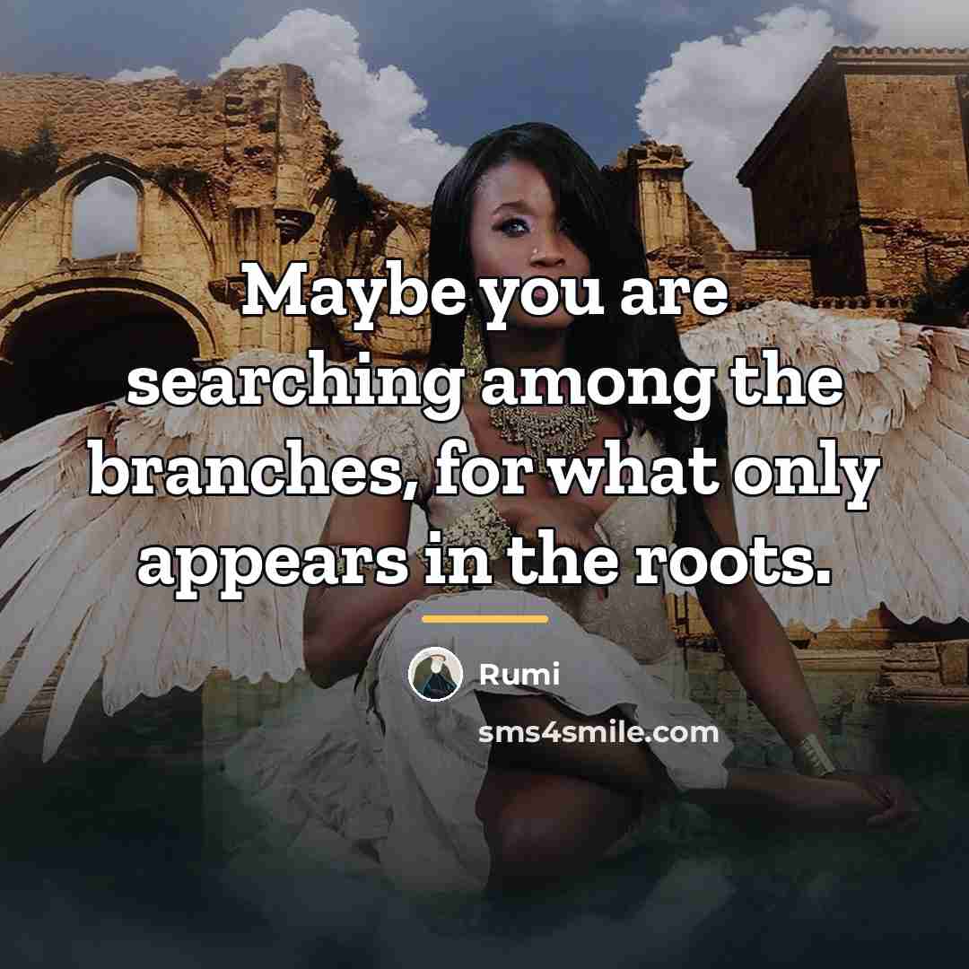 “Maybe you are searching among the branches, for what only…” quote by Rumi