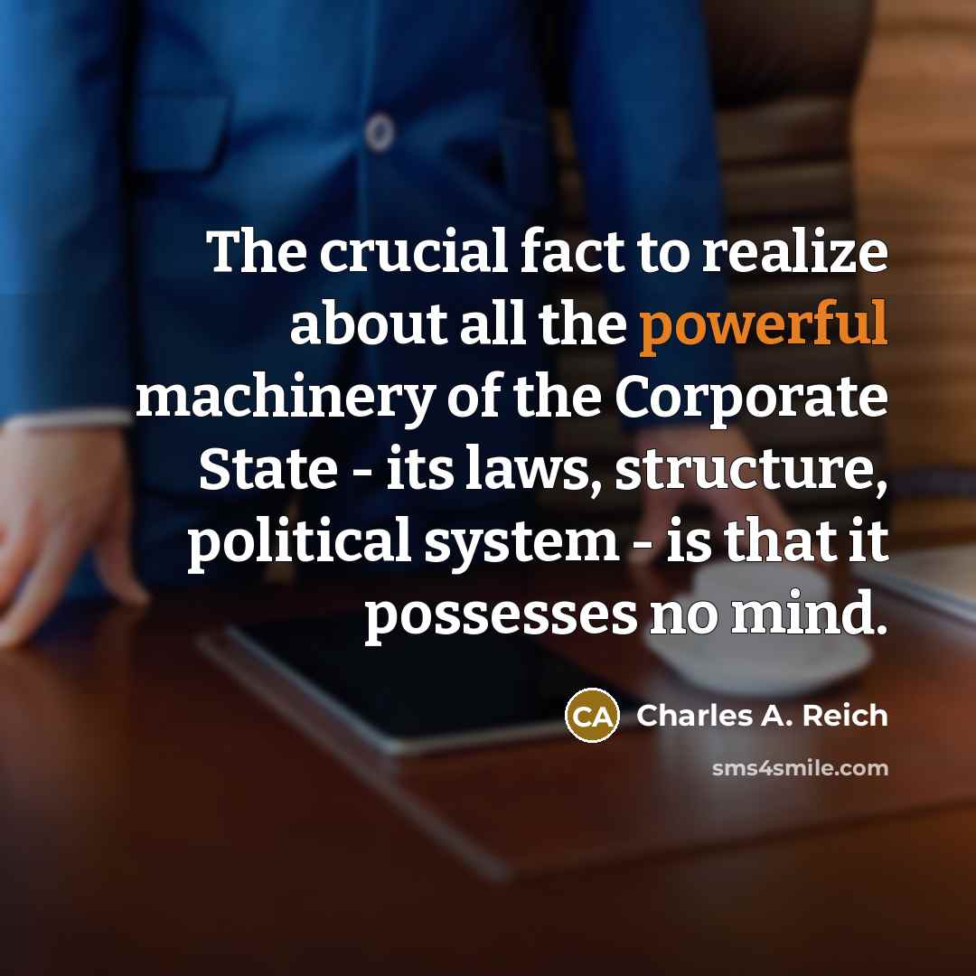 “The crucial fact to realize about all the powerful machinery…” quote by Charles A. Reich