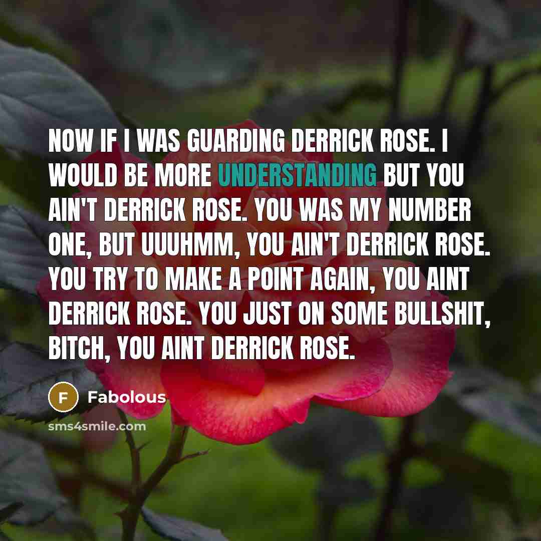 “Now if I was guarding Derrick Rose. I would be more understanding but you ain't Derrick Rose. You was my number one, but uuuhmm, you ain't Derrick Rose. You try to make a point again, you aint Derrick Rose. You just on some bullshit, bitch, you aint Derrick Rose.” quote by Fabolous