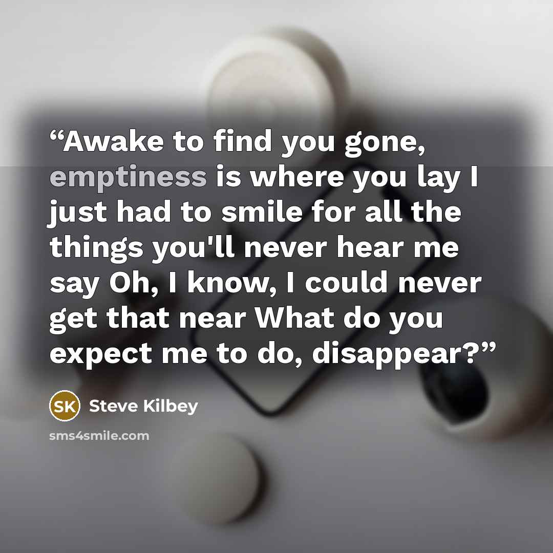 “Awake to find you gone, emptiness is where you lay I just had to smile for all the things you'll never hear me say Oh, I know, I could never get that near What do you expect me to do, disappear?” quote by Steve Kilbey