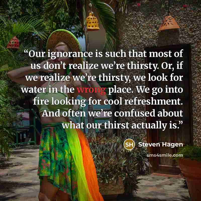 “Our ignorance is such that most of us don’t realize we’re thirsty. Or, if we realize we’re thirsty, we look for water in the wrong place. We go into fire looking for cool refreshment. And often we’re confused about what our thirst actually is.” quote by Steven Hagen