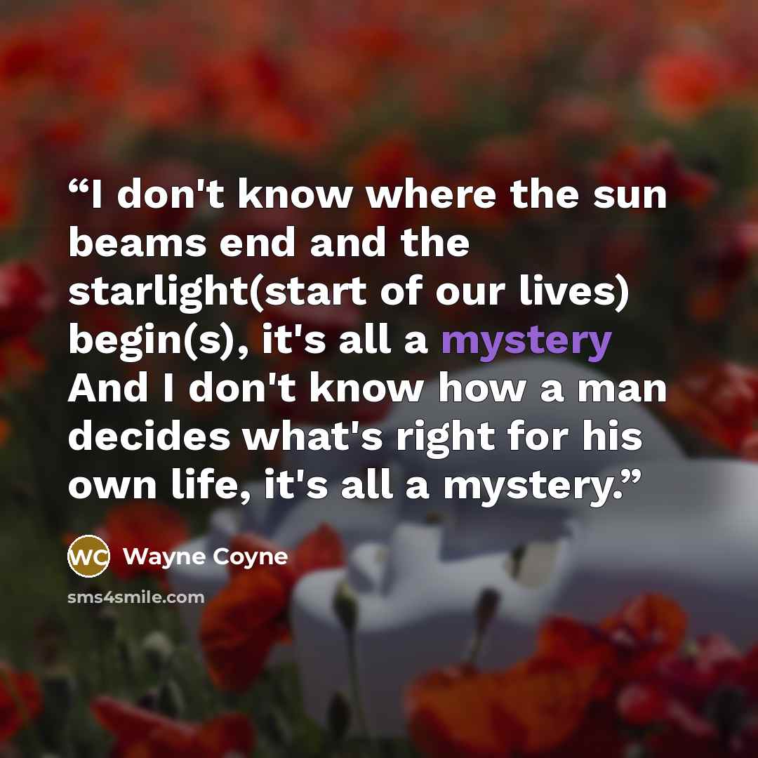 “I don't know where the sun beams end and the starlight(start of our lives) begin(s), it's all a mystery And I don't know how a man decides what's right for his own life, it's all a mystery.” quote by Wayne Coyne