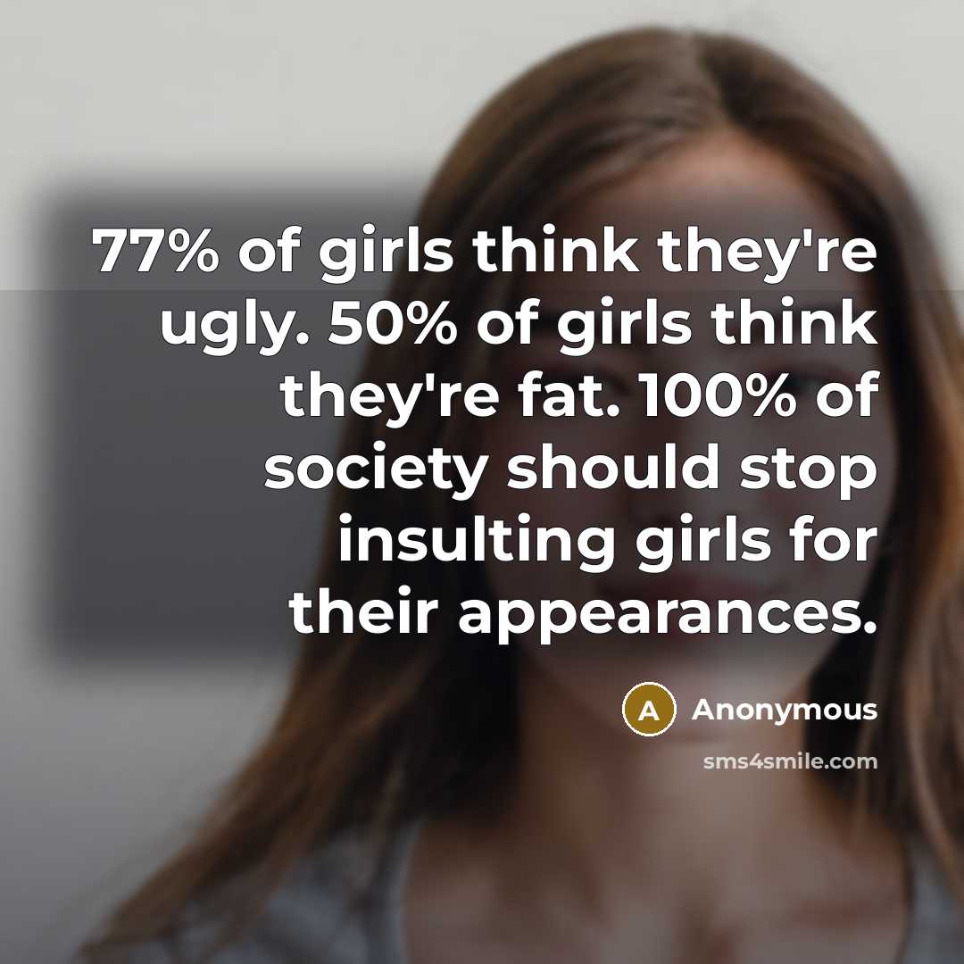 “77% of girls think they're ugly. 50% of girls think…” quote by Anonymous