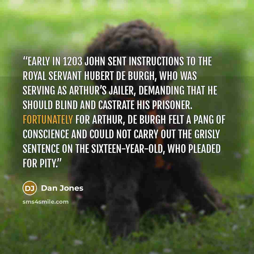 “Early in 1203 John sent instructions to the royal servant Hubert de Burgh, who was serving as Arthur’s jailer, demanding that he should blind and castrate his prisoner. Fortunately for Arthur, de Burgh felt a pang of conscience and could not carry out the grisly sentence on the sixteen-year-old…” quote by Dan Jones