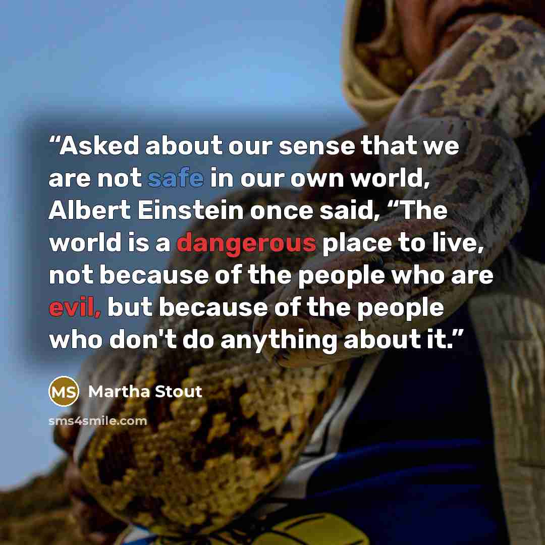 “Asked about our sense that we are not safe in our own world, Albert Einstein once said, “The world is a dangerous place to live, not because of the people who are evil, but because of the people who don't do anything about it.” quote by Martha Stout