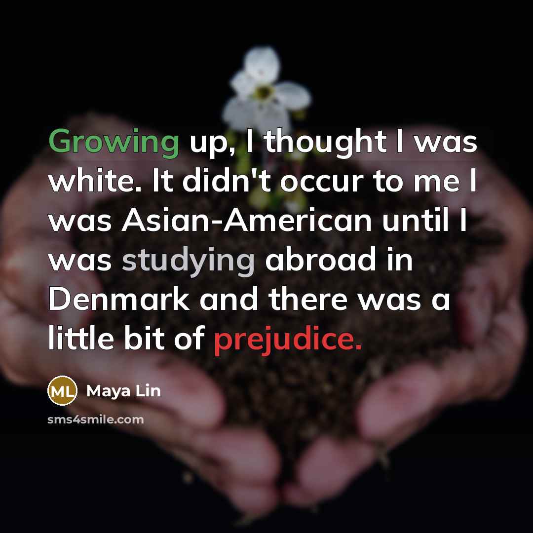 “Growing up, I thought I was white. It didn't occur to me I was Asian-American until I was studying abroad in Denmark and there was a little bit of prejudice.” quote by Maya Lin