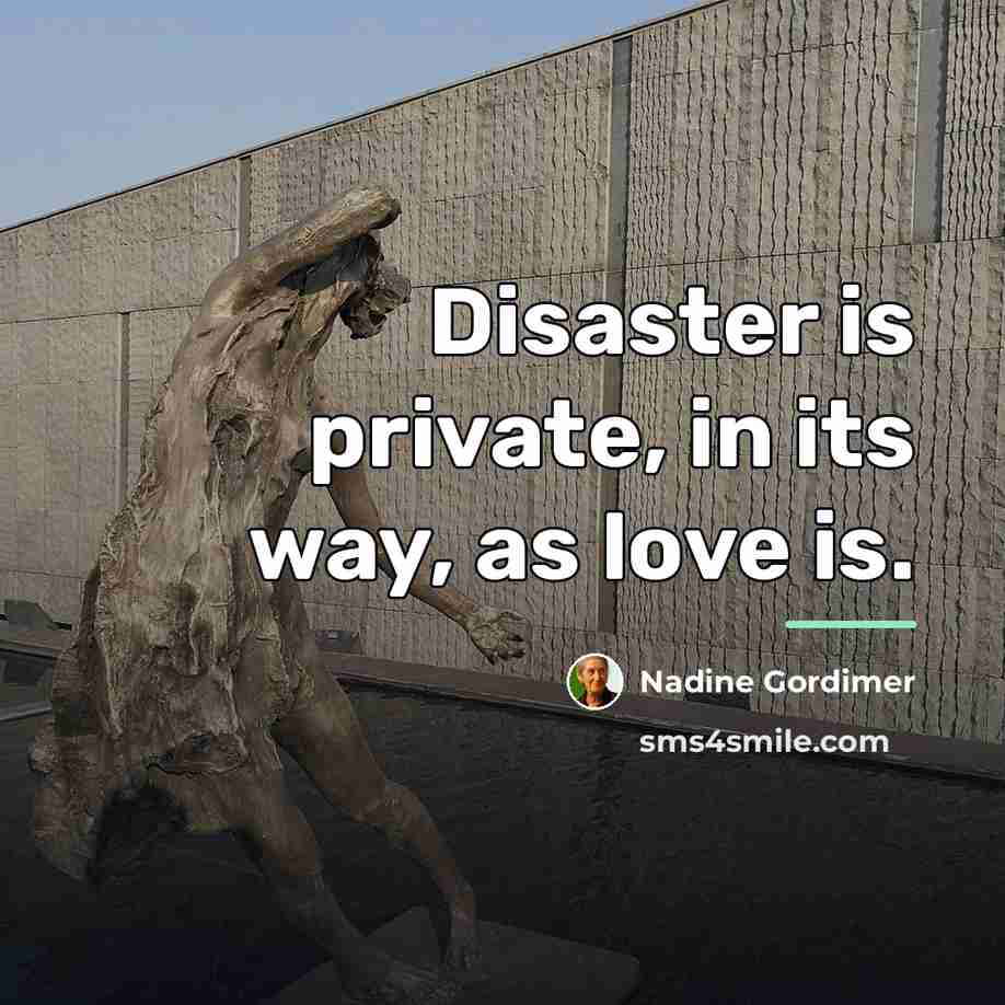“Disaster is private, in its way, as love is.…” quote by Nadine Gordimer