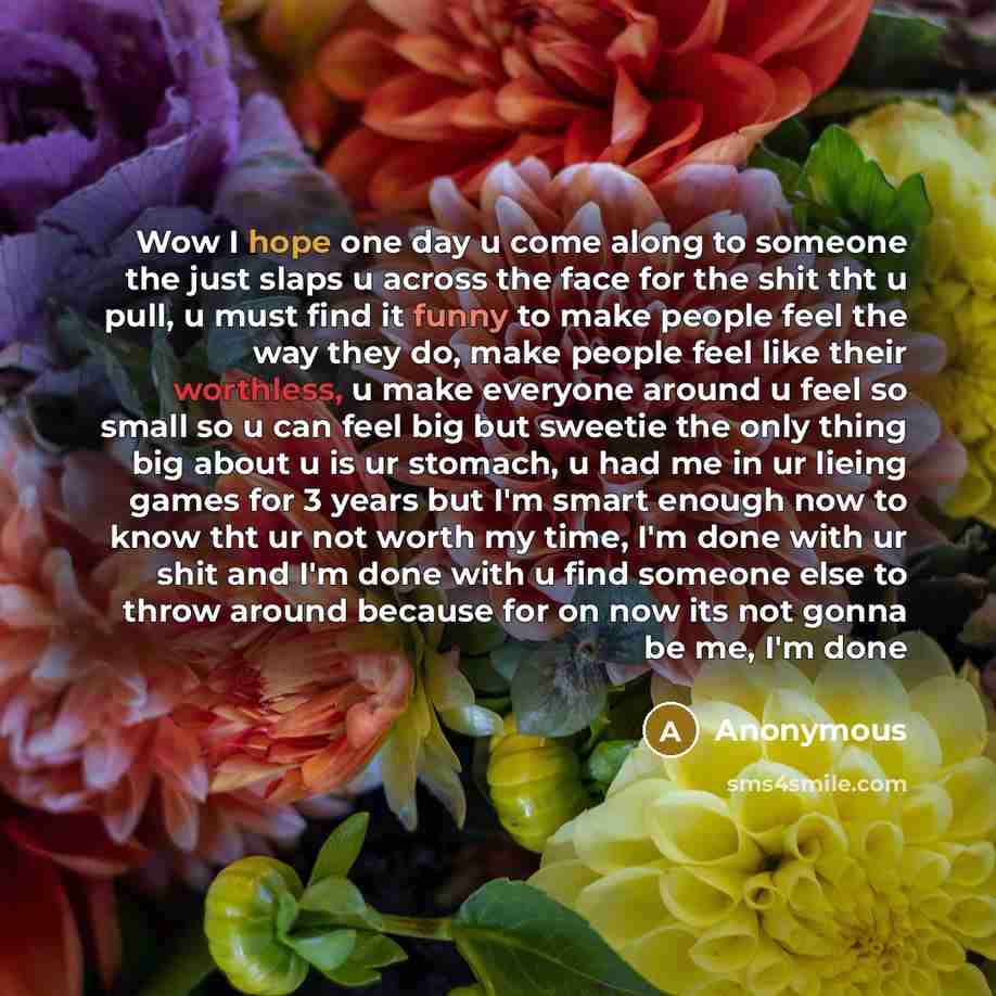 “Wow I hope one day u come along to someone the just slaps u across the face for the shit tht u pull, u must find it funny to make people feel the way they do, make people feel like their worthless, u make everyone around u feel so small so u can feel big but sweetie the only thing big about u is…” quote by Anonymous
