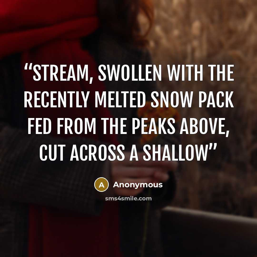 “stream, swollen with the recently melted snow pack fed from the peaks above, cut across a shallow” quote by Anonymous