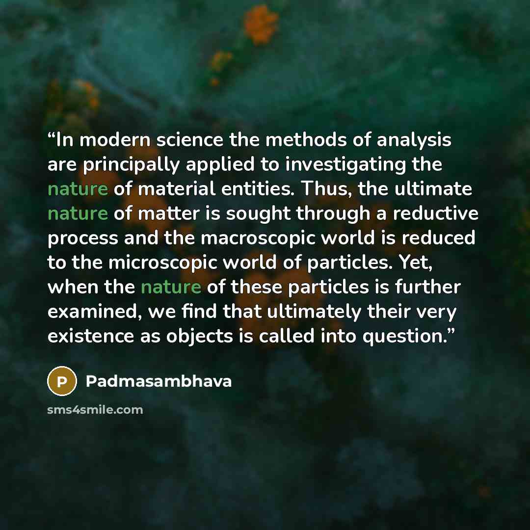 “In modern science the methods of analysis are principally applied to investigating the nature of material entities. Thus, the ultimate nature of matter is sought through a reductive process and the macroscopic world is reduced to the microscopic world of particles. Yet, when the nature of these…” quote by Padmasambhava
