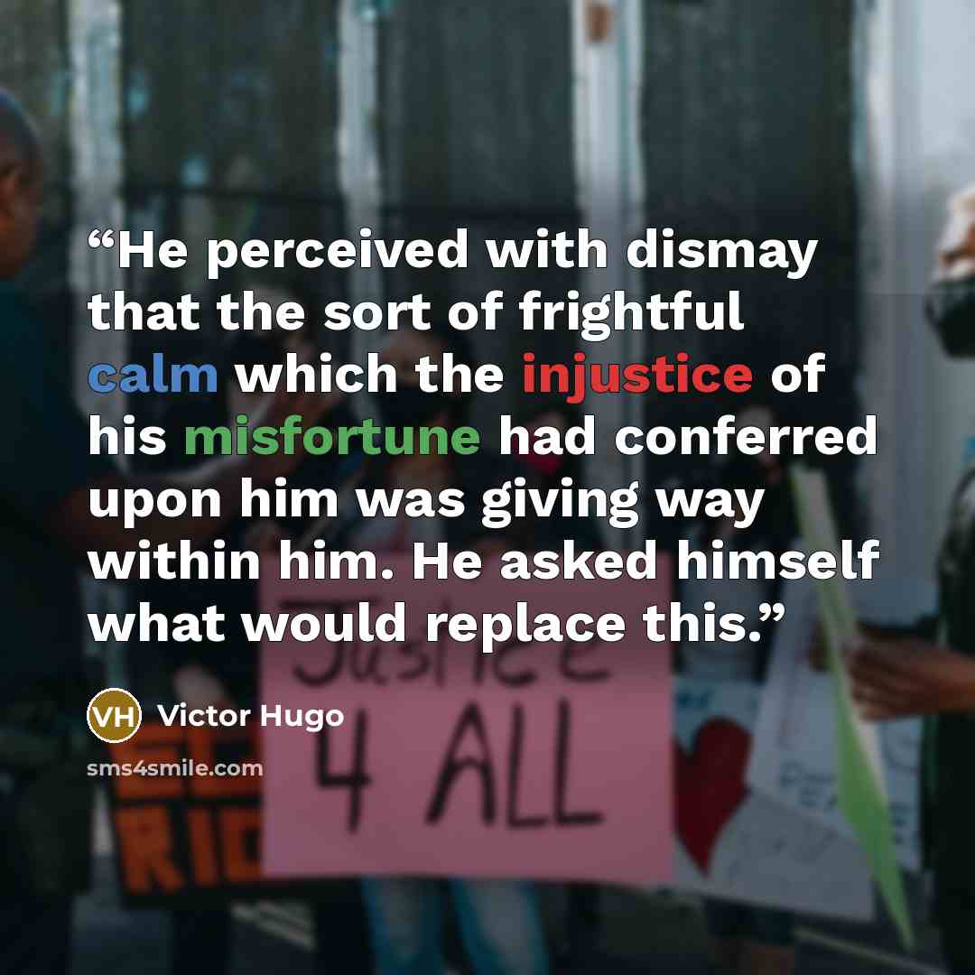 “He perceived with dismay that the sort of frightful calm which the injustice of his misfortune had conferred upon him was giving way within him. He asked himself what would replace this.” quote by Victor Hugo