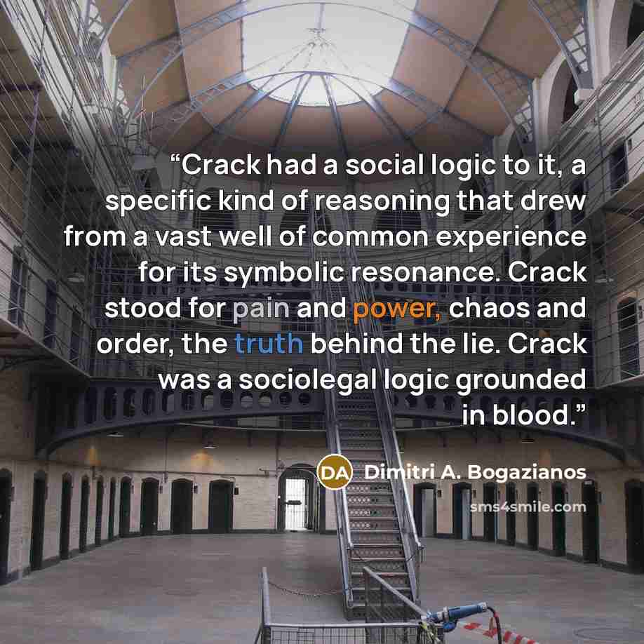 “Crack had a social logic to it, a specific kind of reasoning that drew from a vast well of common experience for its symbolic resonance. Crack stood for pain and power, chaos and order, the truth behind the lie. Crack was a sociolegal logic grounded in blood.” quote by Dimitri A. Bogazianos