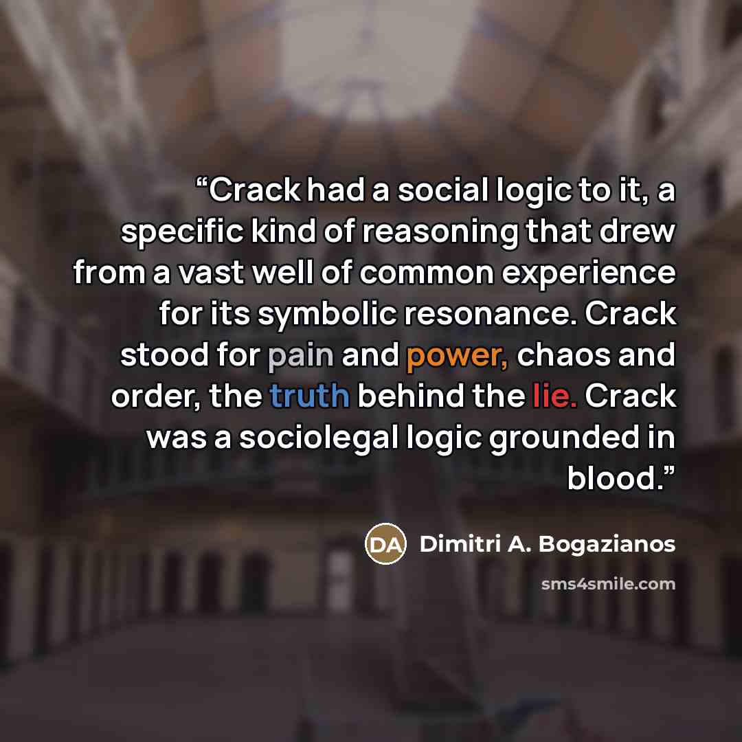 “Crack had a social logic to it, a specific kind of reasoning that drew from a vast well of common experience for its symbolic resonance. Crack stood for pain and power, chaos and order, the truth behind the lie. Crack was a sociolegal logic grounded in blood.” quote by Dimitri A. Bogazianos