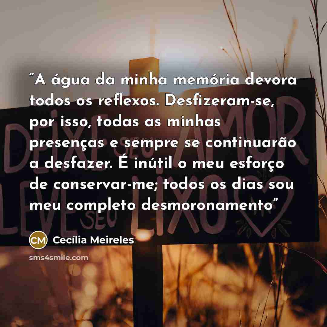 “A água da minha memória devora todos os reflexos. Desfizeram-se, por isso, todas as minhas presenças e sempre se continuarão a desfazer. É inútil o meu esforço de conservar-me; todos os dias sou meu completo desmoronamento” quote by Cecília Meireles