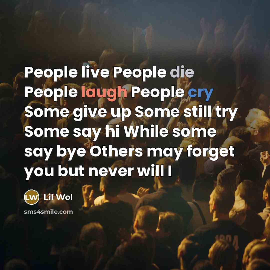 “People live People die People laugh People cry Some give up Some still try Some say hi While some say bye Others may forget you but never will I” quote by Lil Wol