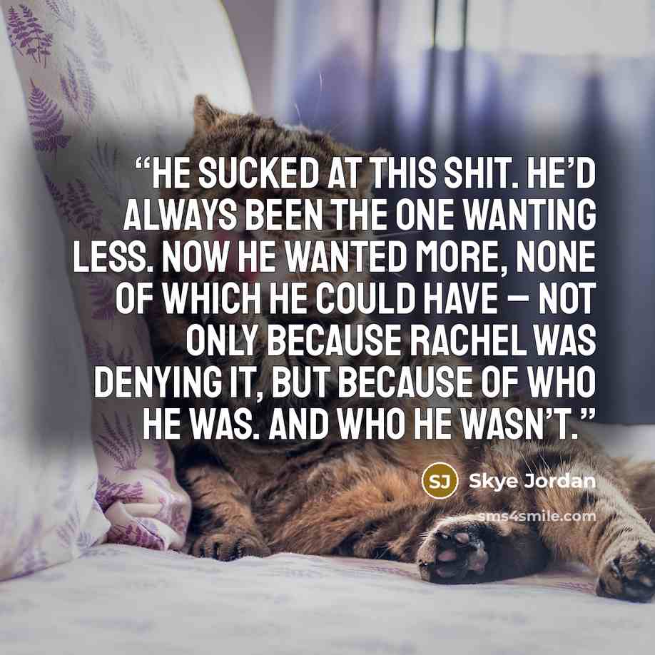 “He sucked at this shit. He’d always been the one wanting less. Now he wanted more, none of which he could have – not only because Rachel was denying it, but because of who he was. And who he wasn’t.” quote by Skye Jordan