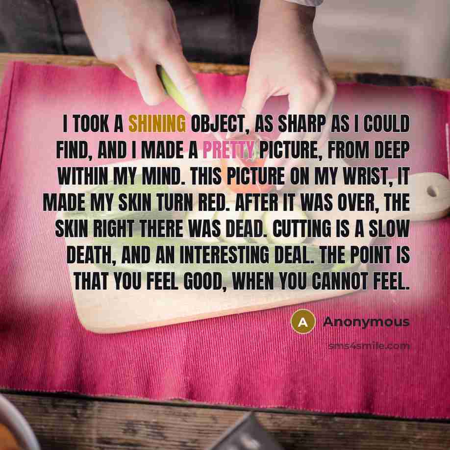 “I took a shining object, as sharp as I could find, and I made a pretty picture, from deep within my mind. This picture on my wrist, it made my skin turn red. After it was over, the skin right there was dead. Cutting is a slow death, and an interesting deal. The point is that you feel good, when…” quote by Anonymous