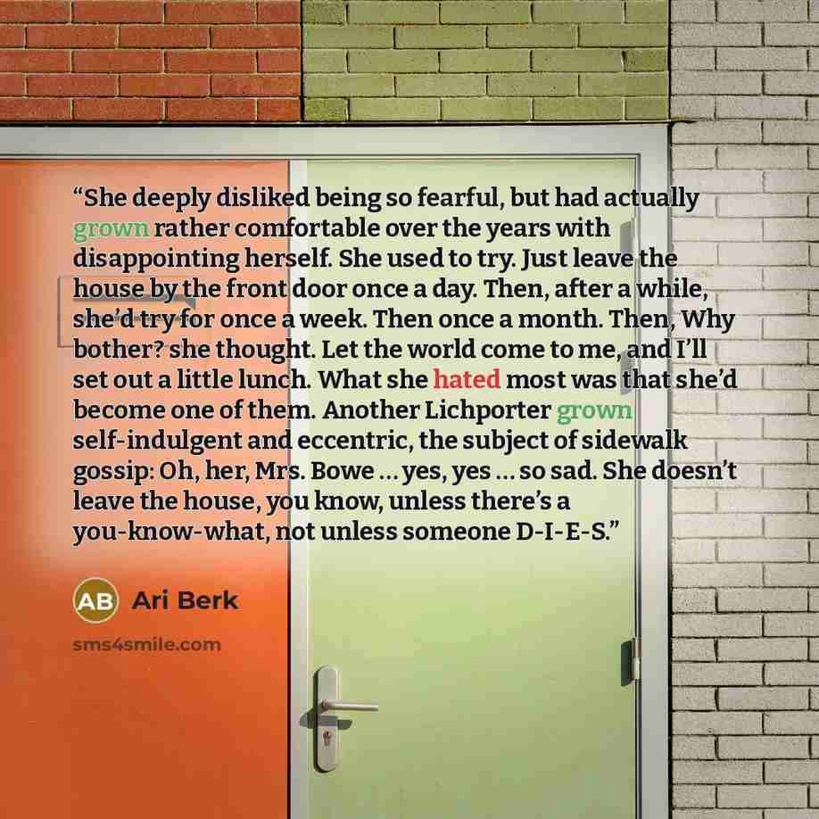 “She deeply disliked being so fearful, but had actually grown rather comfortable over the years with disappointing herself. She used to try. Just leave the house by the front door once a day. Then, after a while, she’d try for once a week. Then once a month. Then, Why bother? she thought. Let the…” quote by Ari Berk