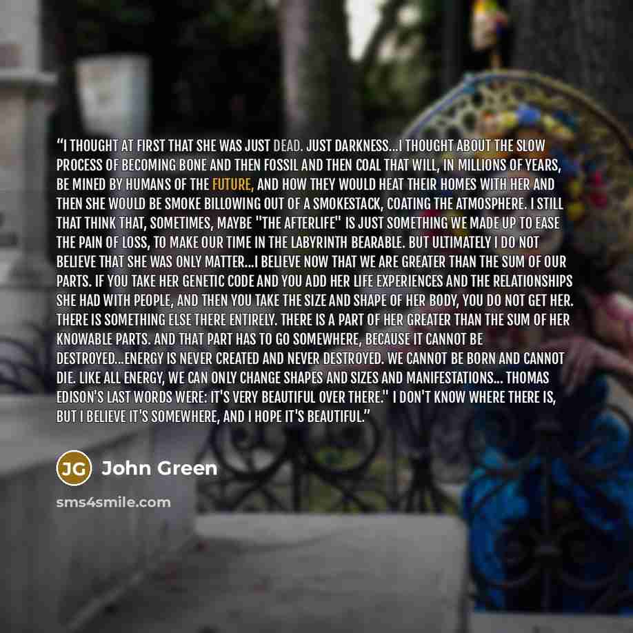 “I thought at first that she was just dead. Just darkness...I thought about the slow process of becoming bone and then fossil and then coal that will, in millions of years, be mined by humans of the future, and how they would heat their homes with her and then she would be smoke billowing out of a…” quote by John Green