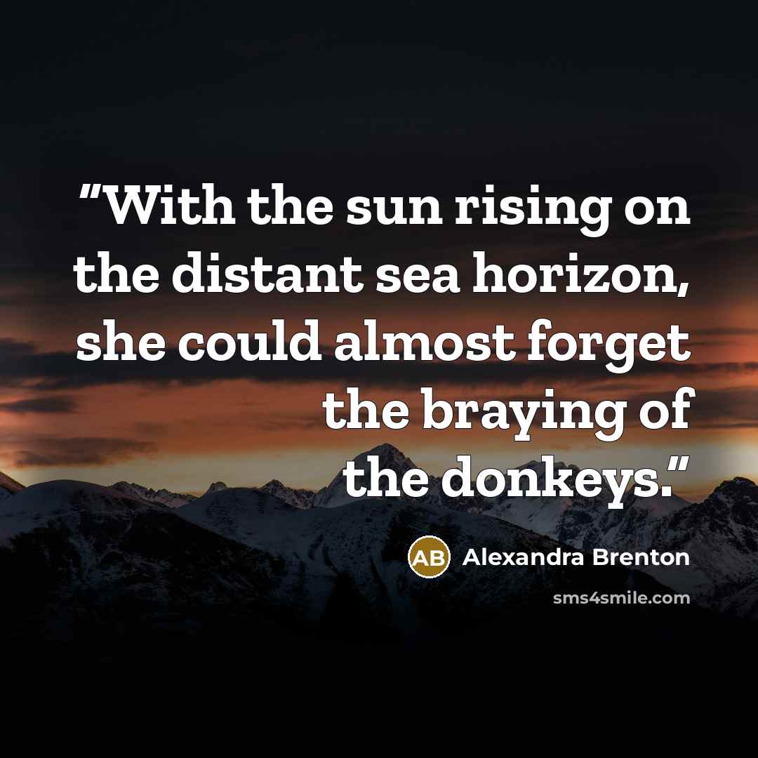 “With the sun rising on the distant sea horizon, she could almost forget the braying of the donkeys.” quote by Alexandra Brenton