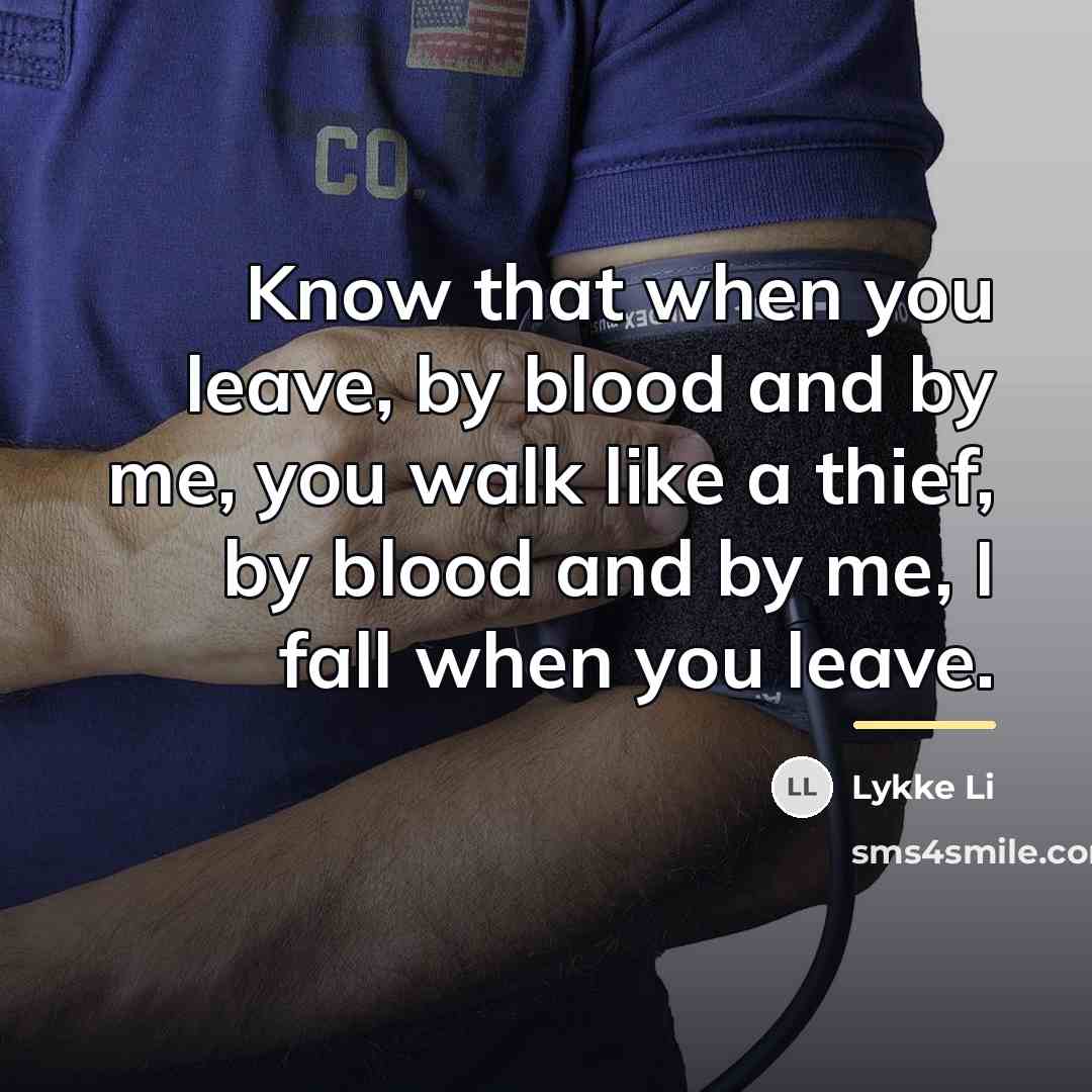 “Know that when you leave, by blood and by me,…” quote by Lykke Li