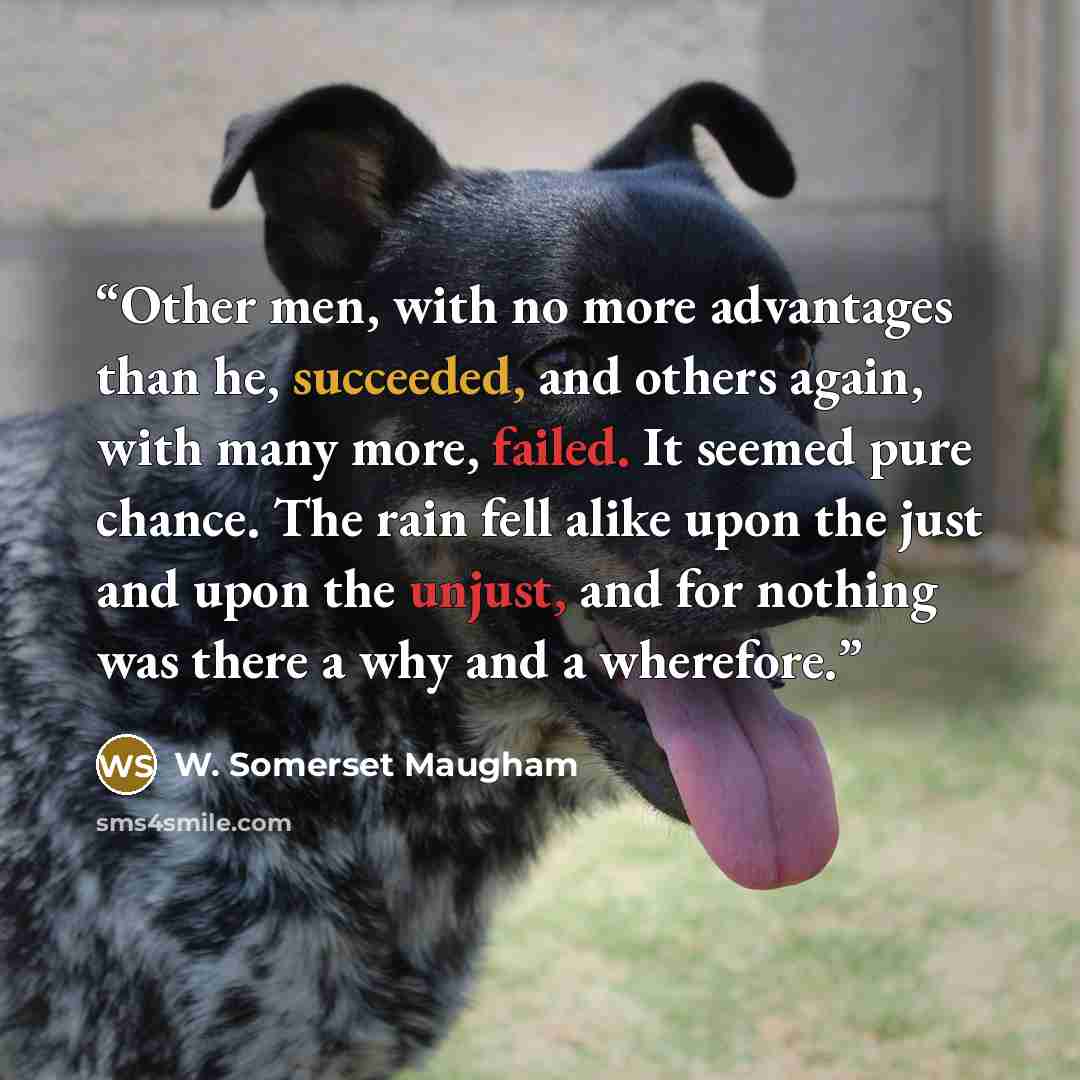“Other men, with no more advantages than he, succeeded, and others again, with many more, failed. It seemed pure chance. The rain fell alike upon the just and upon the unjust, and for nothing was there a why and a wherefore.” quote by W. Somerset Maugham