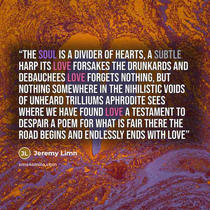 “The soul is a divider of hearts, a subtle harp its love forsakes the drunkards and debauchees love forgets nothing, but nothing somewhere in the nihilistic voids of unheard trilliums Aphrodite sees where we have found love a testament to despair a poem for what is fair there the road begins and…” quote by Jeremy Limn
