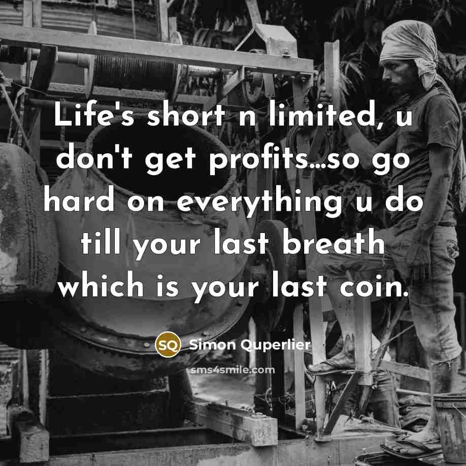 “Life's short n limited, u don't get profits...so go hard on everything u do till your last breath which is your last coin.” quote by Simon Quperlier