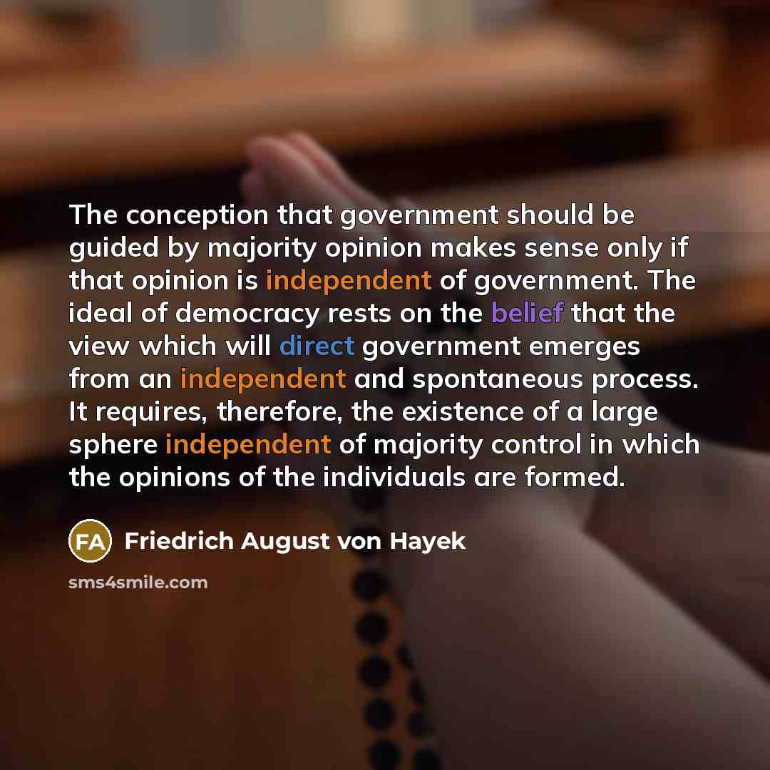 “The conception that government should be guided by majority opinion…” quote by Friedrich August von Hayek
