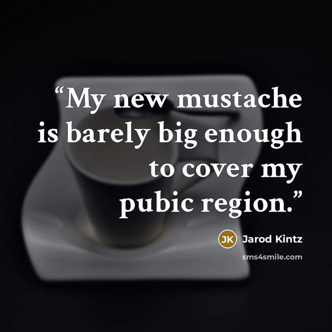 “My new mustache is barely big enough to cover my pubic region.” quote by Jarod Kintz
