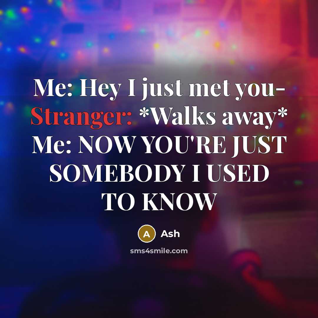 “Me: Hey I just met you- Stranger: *Walks away* Me: NOW YOU'RE JUST SOMEBODY I USED TO KNOW” quote by Ash