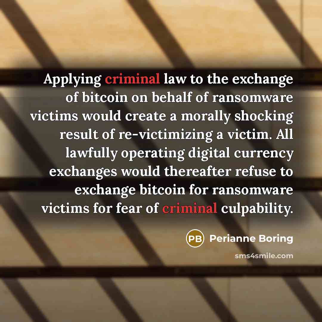 “Applying criminal law to the exchange of bitcoin on behalf…” quote by Perianne Boring