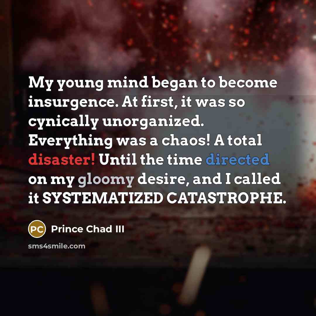 “My young mind began to become insurgence. At first, it was so cynically unorganized. Everything was a chaos! A total disaster! Until the time directed on my gloomy desire, and I called it SYSTEMATIZED CATASTROPHE.” quote by Prince Chad III