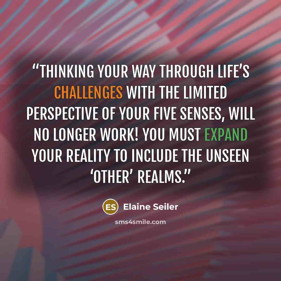 “Thinking your way through life’s challenges with the limited perspective of your five senses, will no longer work! YOU must expand your reality to include the unseen ‘other’ realms.” quote by Elaine Seiler