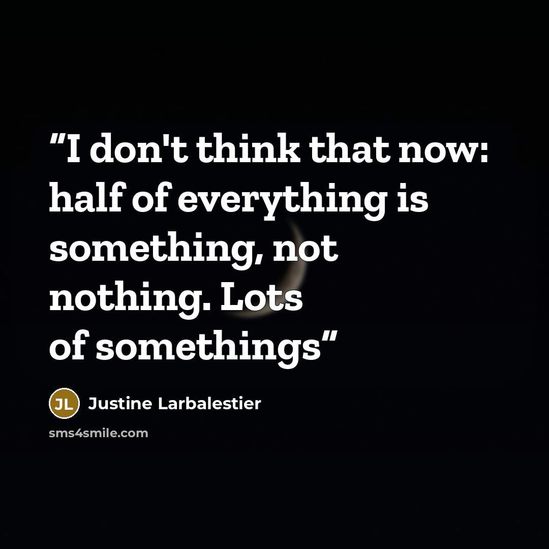 “I don't think that now: half of everything is something, not nothing. Lots of somethings” quote by Justine Larbalestier