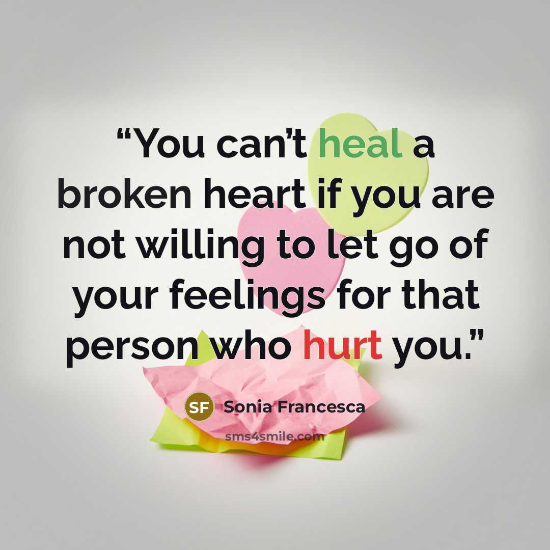 “You can’t heal a broken heart if you are not willing to let go of your feelings for that person who hurt you.” quote by Sonia Francesca