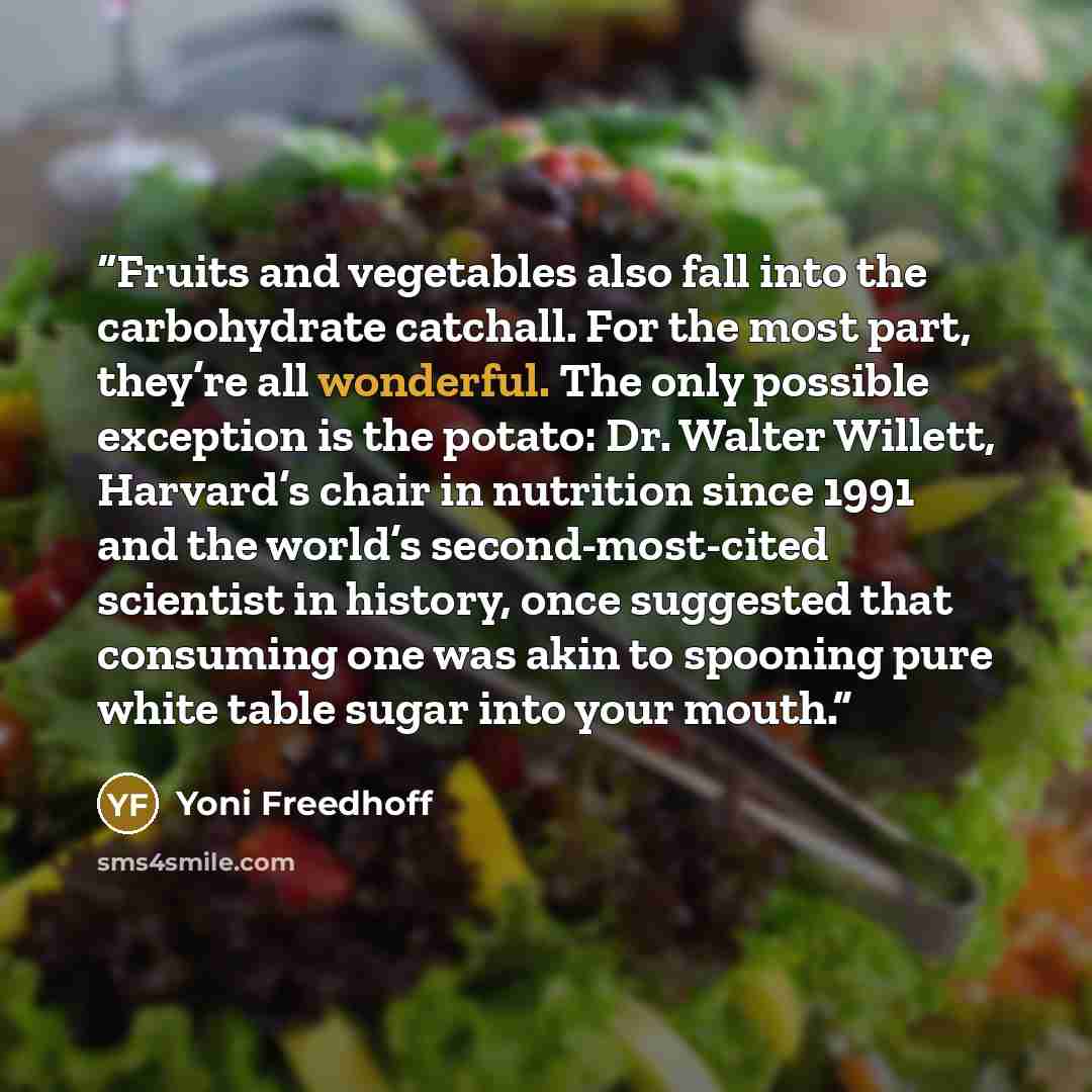 “Fruits and vegetables also fall into the carbohydrate catchall. For the most part, they’re all wonderful. The only possible exception is the potato: Dr. Walter Willett, Harvard’s chair in nutrition since 1991 and the world’s second-most-cited scientist in history, once suggested that consuming one…” quote by Yoni Freedhoff