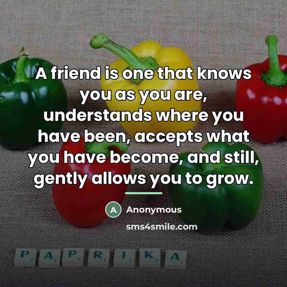 “A friend is one that knows you as you are,…” quote by Anonymous