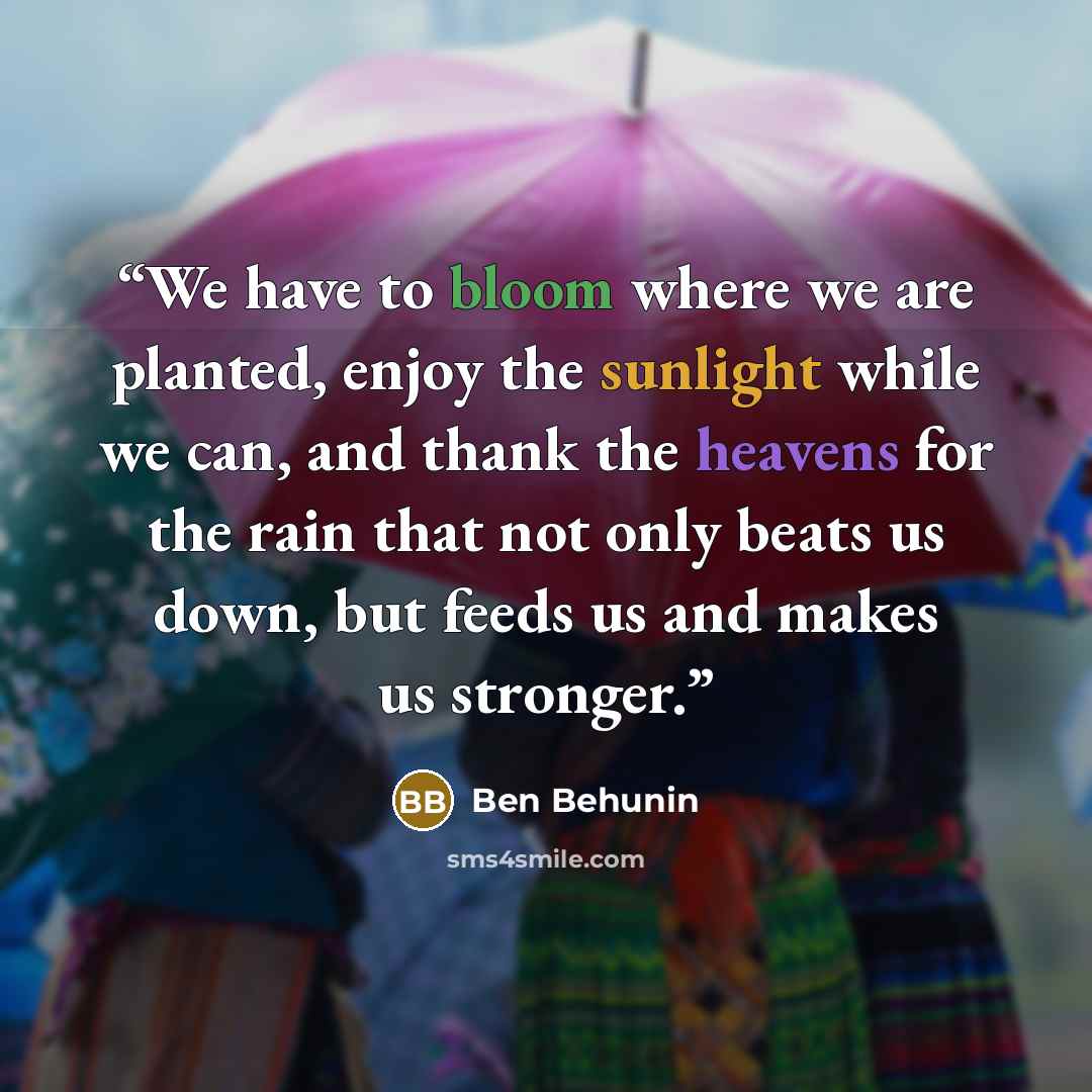 “We have to bloom where we are planted, enjoy the sunlight while we can, and thank the heavens for the rain that not only beats us down, but feeds us and makes us stronger.” quote by Ben Behunin