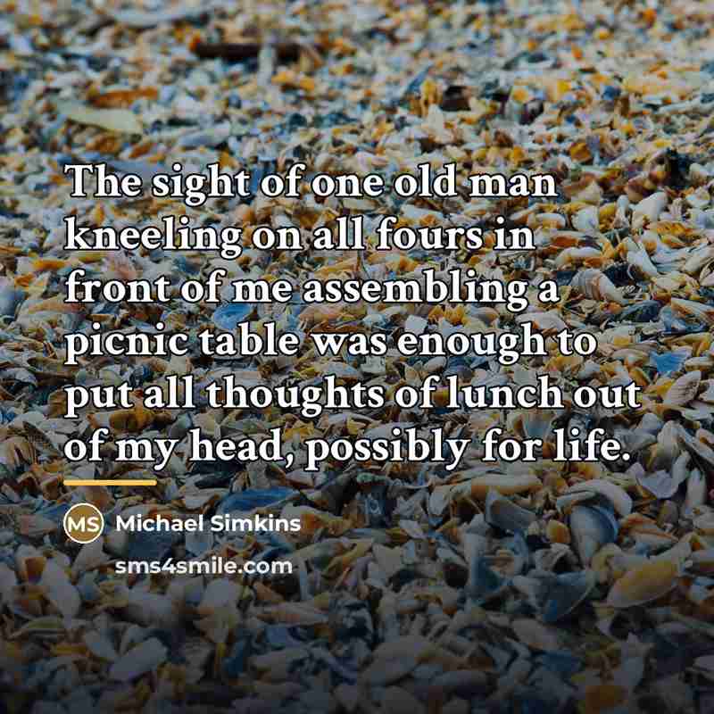 “The sight of one old man kneeling on all fours…” quote by Michael Simkins