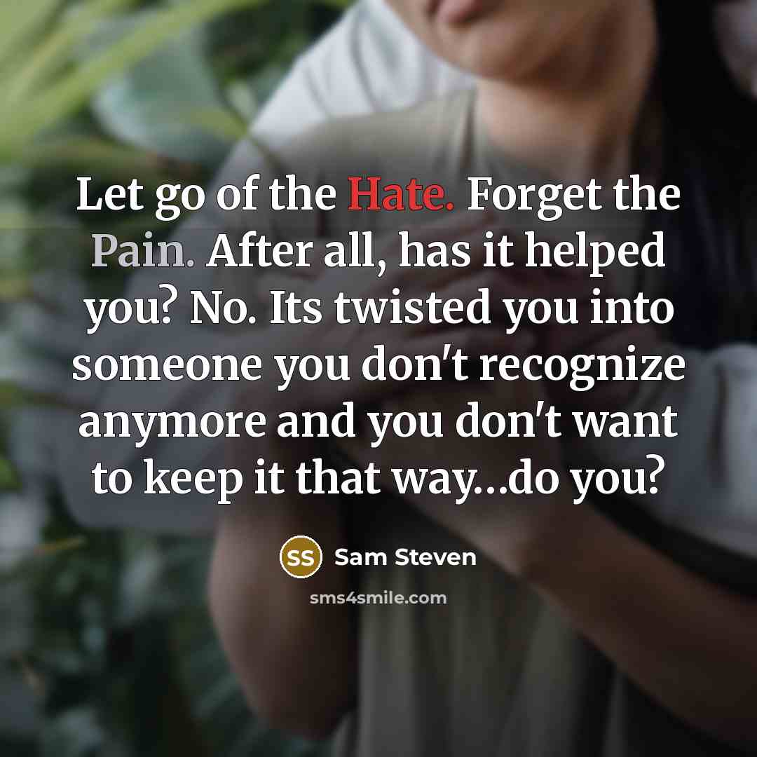 “Let go of the Hate. Forget the Pain. After all, has it helped you? No. Its twisted you into someone you don't recognize anymore and you don't want to keep it that way…do you?” quote by Sam Steven