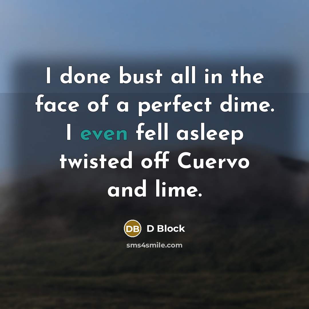 “I done bust all in the face of a perfect dime. I even fell asleep twisted off Cuervo and lime.” quote by D Block