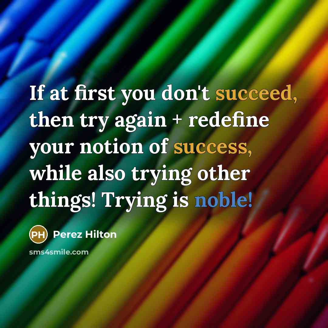 “If at first you don't succeed, then try again + redefine your notion of success, while also trying other things! Trying is noble!” quote by Perez Hilton