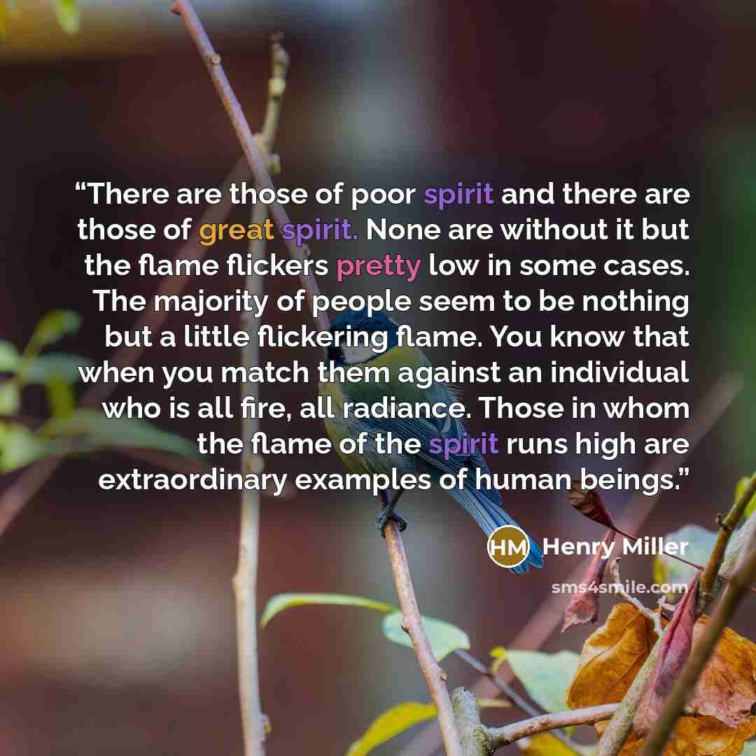 “There are those of poor spirit and there are those of great spirit. None are without it but the flame flickers pretty low in some cases. The majority of people seem to be nothing but a little flickering flame. You know that when you match them against an individual who is all fire, all radiance…” quote by Henry Miller