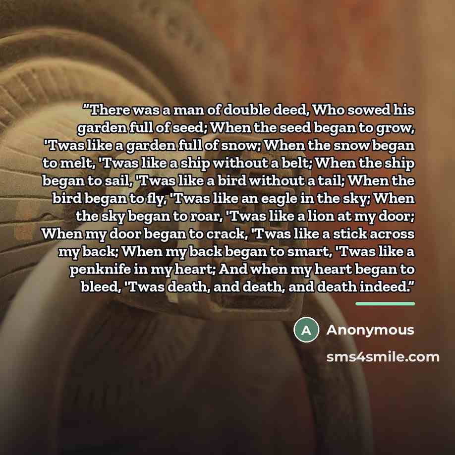 “There was a man of double deed, Who sowed his garden full of seed; When the seed began to grow, 'Twas like a garden full of snow; When the snow began to melt, 'Twas like a ship without a belt; When the ship began to sail, 'Twas like a bird without a tail; When the bird began to fly, 'Twas like an…” quote by Anonymous