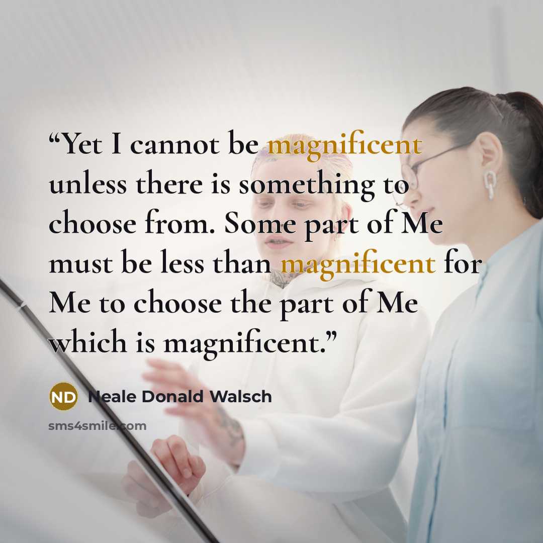 “Yet I cannot be magnificent unless there is something to choose from. Some part of Me must be less than magnificent for Me to choose the part of Me which is magnificent.” quote by Neale Donald Walsch