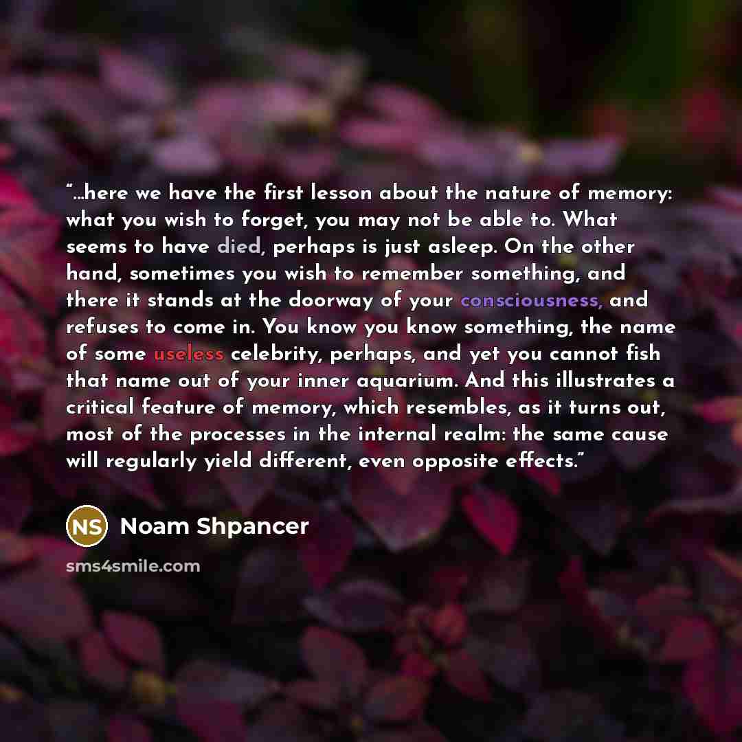 “...here we have the first lesson about the nature of memory: what you wish to forget, you may not be able to. What seems to have died, perhaps is just asleep. On the other hand, sometimes you wish to remember something, and there it stands at the doorway of your consciousness, and refuses to come…” quote by Noam Shpancer
