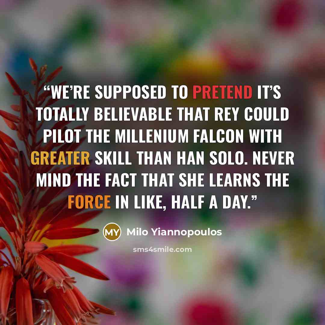“We’re supposed to pretend it’s totally believable that Rey could pilot the Millenium Falcon with greater skill than Han Solo. Never mind the fact that she learns the Force in like, half a day.” quote by Milo Yiannopoulos